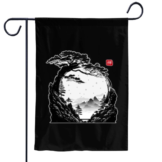 Japanese Zen Circle Landscape Buddhism Bonsai Tree Garden Flags