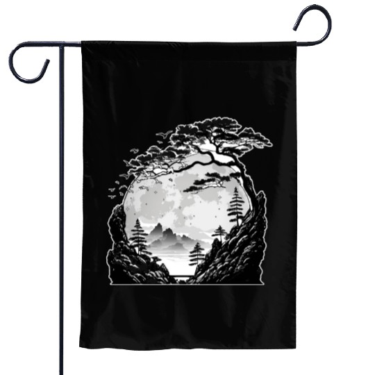 Japanese Mountain Landscape Gothic Full Moon Fores Garden Flags