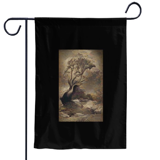Dark Old School Painting Vintage Tree Design Garden Flags