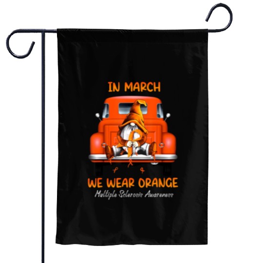 Gnome Sitting On Truck In March We Wear Orange T Garden Flags