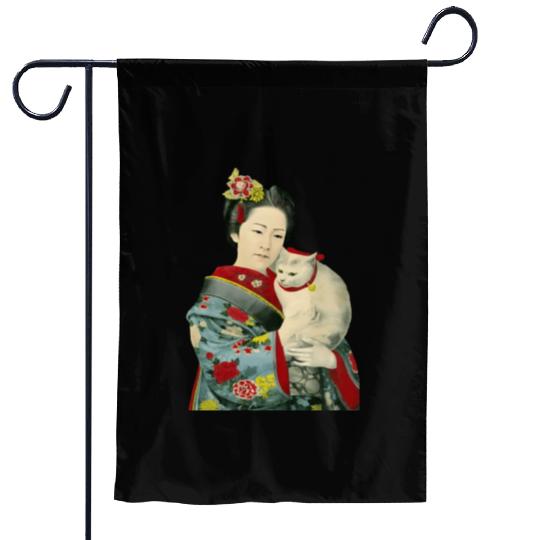 Geisha Cat Kimono Japanese Vintage Art Garden Flags