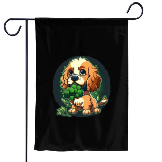 Cute dog eats green broccoli vegetables Garden Flags