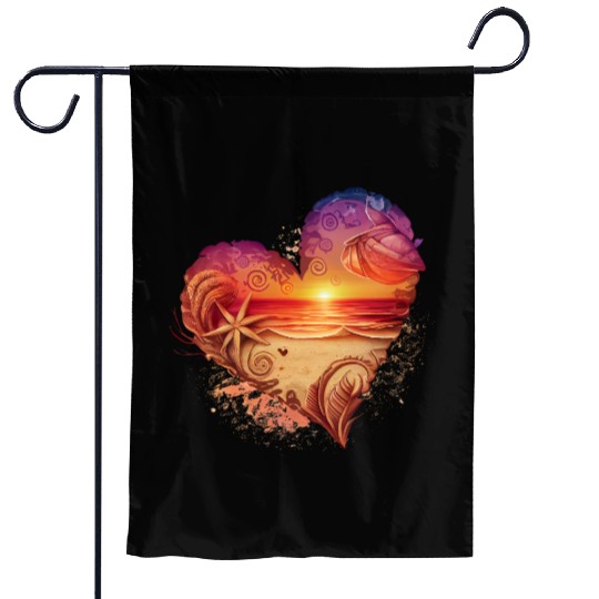 Retro Beach Heart Sunset Watercolor1 Garden Flags