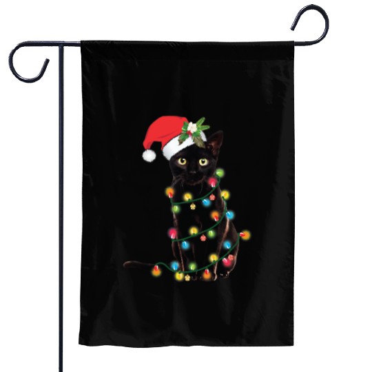 Black Santa Cat Tangled Up In Lights Christmas Garden Flags