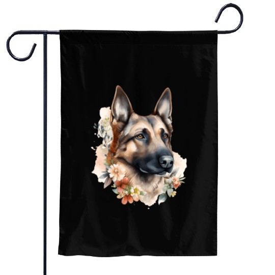German Shepherd Dog Watercolor Floral Garden Flags