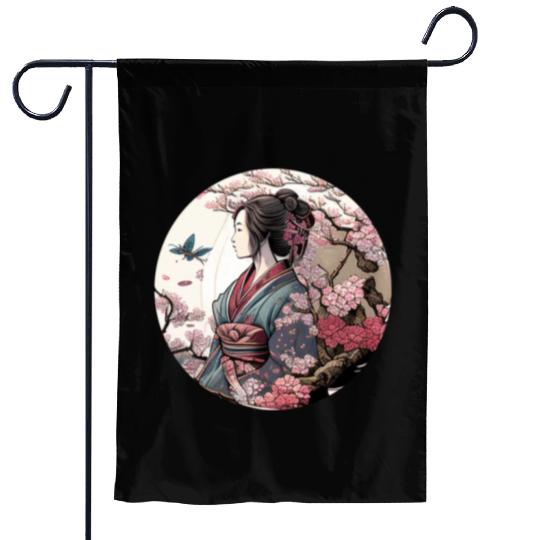 Beautiful Geisha Geiko Geigi Cherry Blossom Sakura Garden Flags