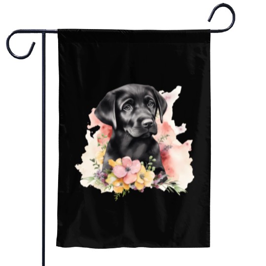 Black Lab Dog Watercolor Floral Garden Flags