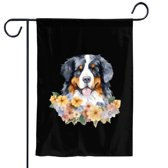 Bernese Mountain Dog Watercolor Floral Garden Flags