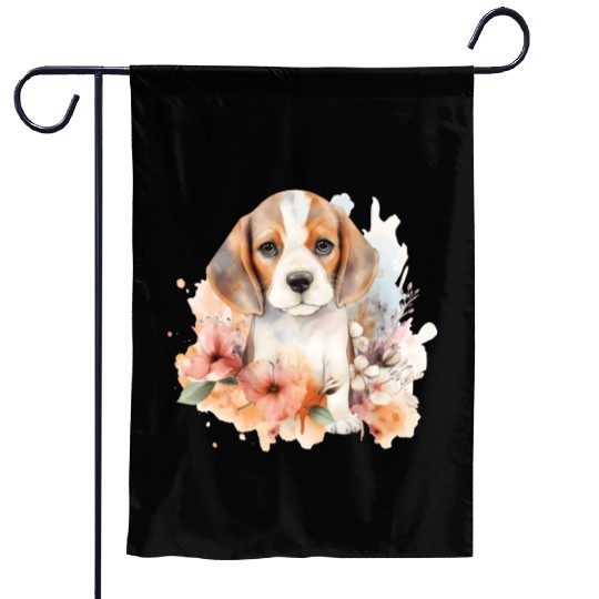 Beagle Puppy Dog Watercolor Floral Garden Flags