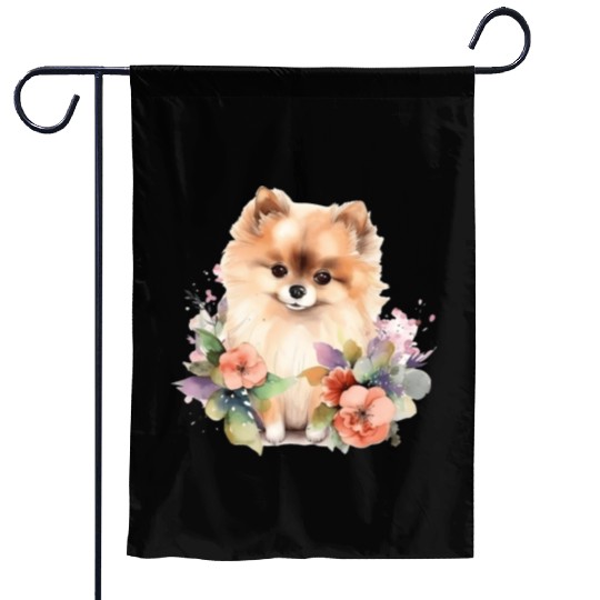 Pomeranian Dog Watercolor Floral Garden Flags