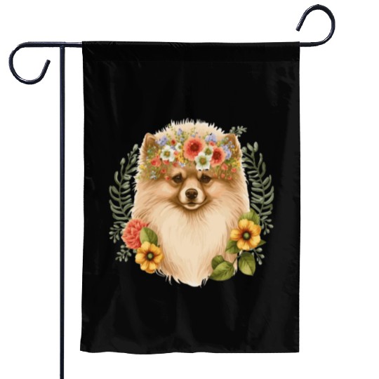Cute Pomeranian Pom Flower Crown Pet Dog Breed Flo Garden Flags
