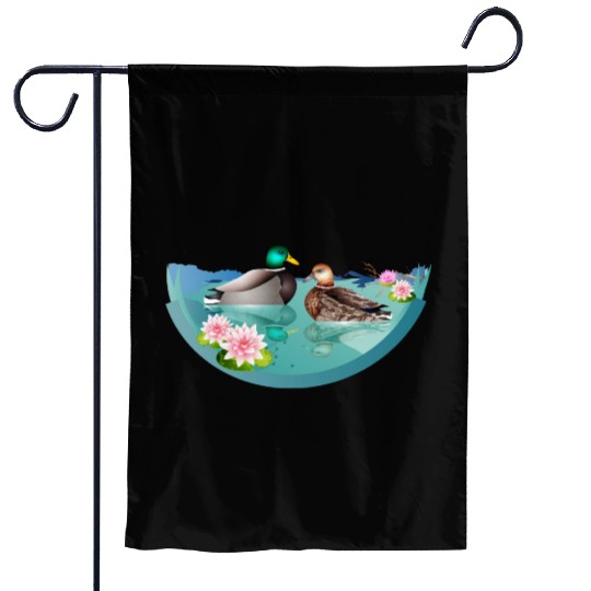 Duck couple in a duck pond with water lilies Garden Flags