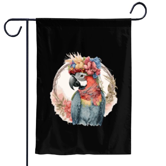 Colorful Parrot Watercolor Macaw Bird Flower Crown Garden Flags