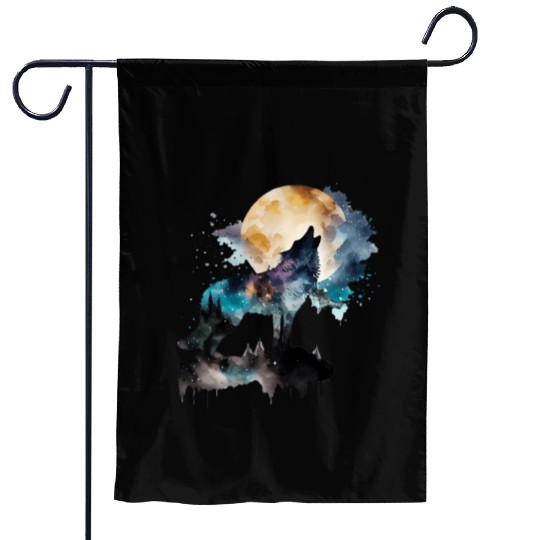 Mountain Wolf Multicolor Watercolor Portrait Garden Flags