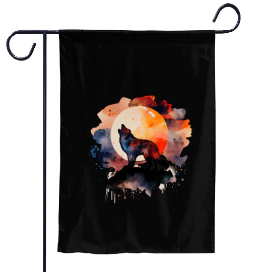 Wolf Howling at Moon Watercolor Garden Flags