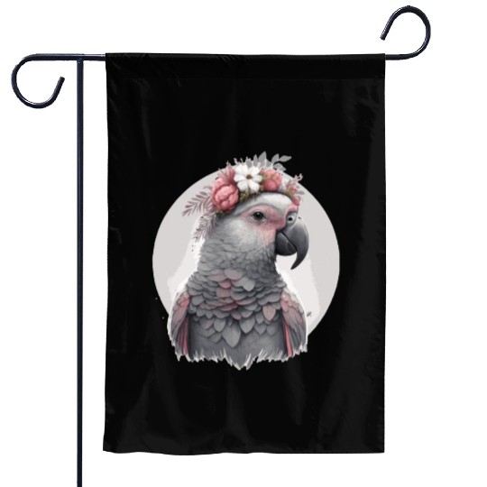 Cute Watercolor African Gray Parrot Bird Flower Cr Garden Flags