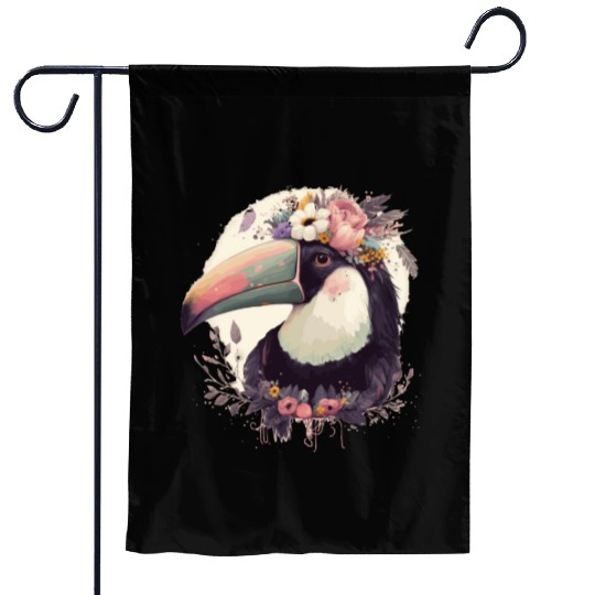Watercolor Toucan Tropical Bird Flower Crown Jungl Garden Flags