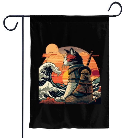 Retro samurai cat The Great Wave Hokusai Garden Flags