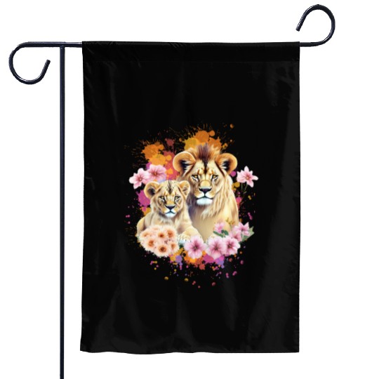 Lion Mom & Son Cubs with Flower Watercolor Garden Flags