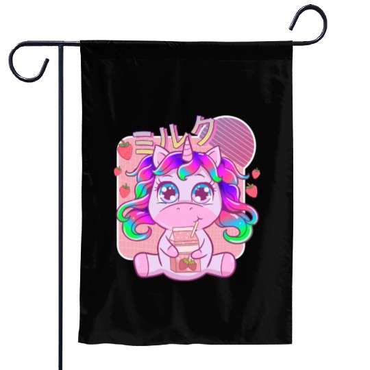 Funny Kawaii Unicorn Strawberry Milk Shake Garden Flags