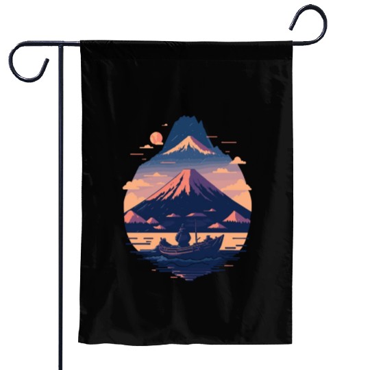 Serene Mount Fuji Sunset Peaceful River Scenery Garden Flags