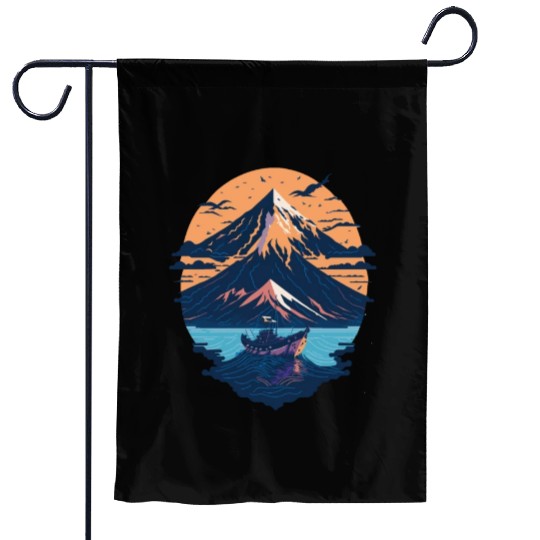 Serene Mount Fuji Sunset Peaceful River Scenery Garden Flags