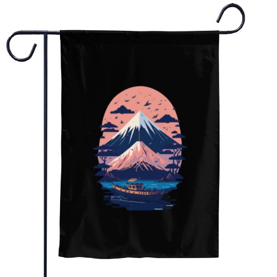 Serene Mount Fuji Sunset Peaceful River Scenery Garden Flags