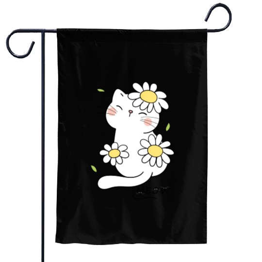 My white cat and my yellow flowers Garden Flags