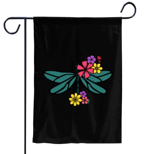 dragonfly with colorful flowers Garden Flags