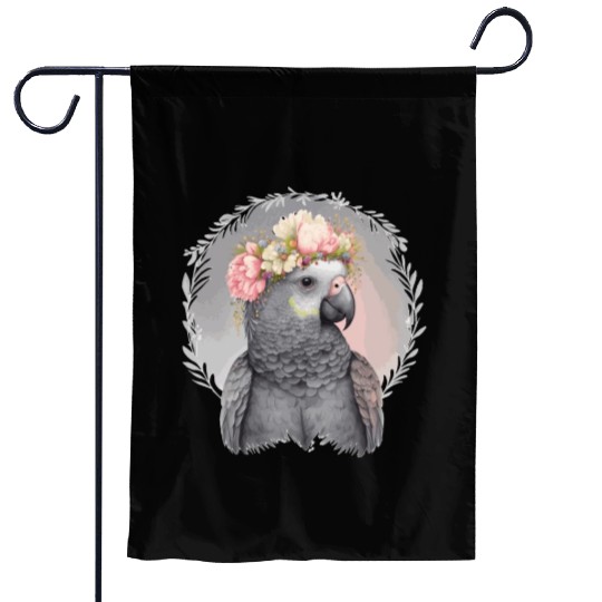 Cute African Gray Parrot Bird Flower Crown Pet Bir Garden Flags