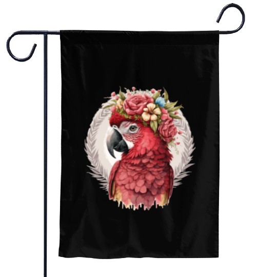 Scarlet Macaw Parrot Watercolor Bird Flower Crown Garden Flags