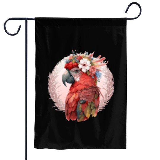 Red Scarlet Macaw Flower Crown Parrot Watercolor B Garden Flags