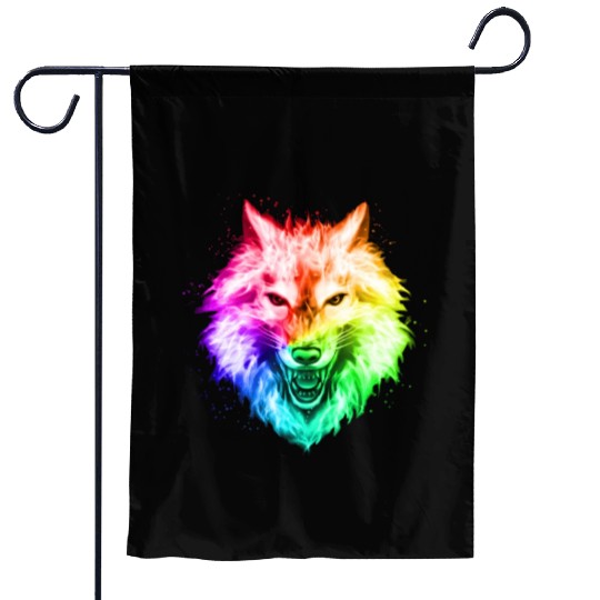Bright Colorful Wolf Head – Rainbow Howling Wolf F Garden Flags