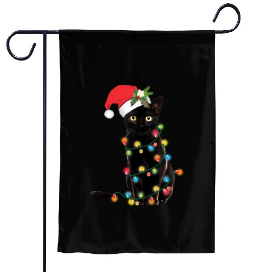 Black Cat Santa Tangled Up In Lights Garden Flags