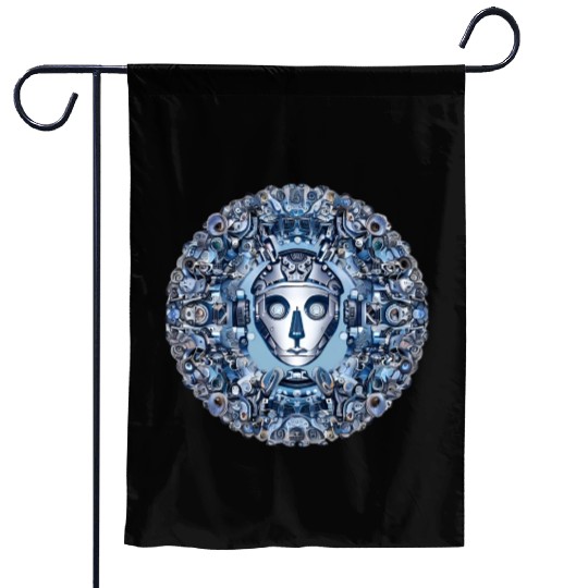 Aztec robot face and mechanical mandala Garden Flags