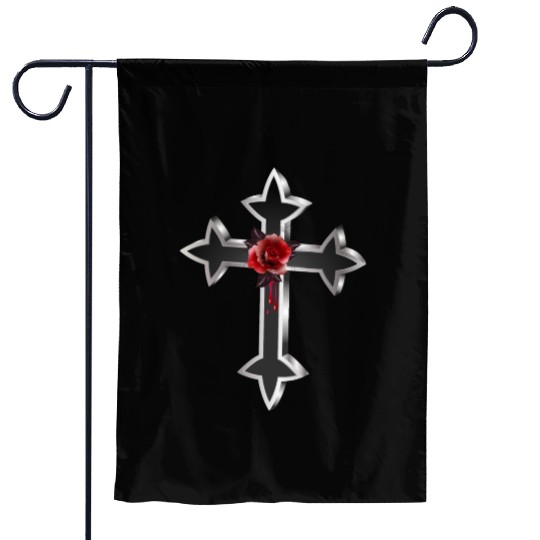 black silver colored gothic cross with red rose Garden Flags