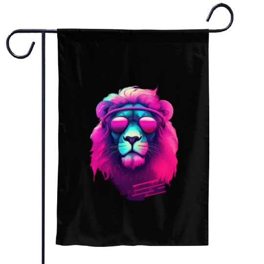 Synthwave Sun King Lion s Neon Shades Garden Flags