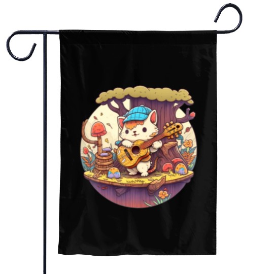 Cute Kawaii Cat Playing Guitar Banjo On Log Garden Flags