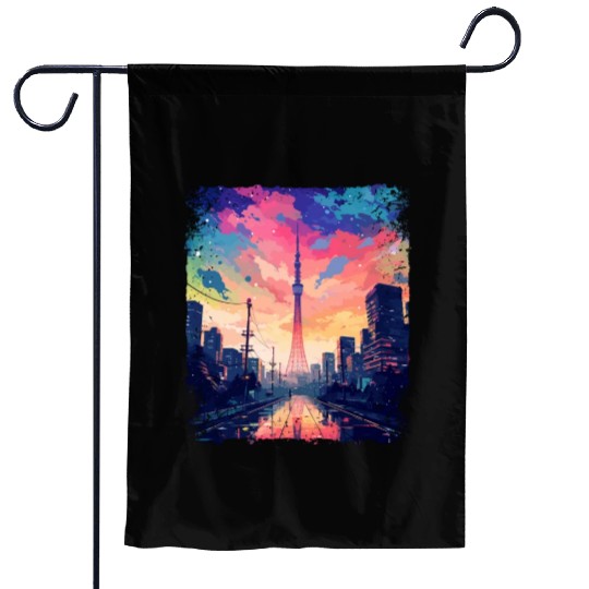 Vaporwave Japanese Aesthetic Skytree Tokyo Sight Garden Flags