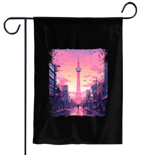 Aesthetic Vaporwave Skytree Tokyo Japanese Sight Garden Flags