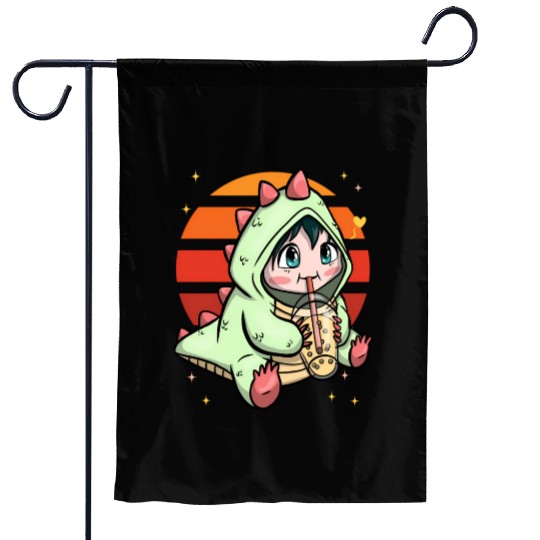 Boba Dinosaur Drinking Love Tea Sunset Garden Flags