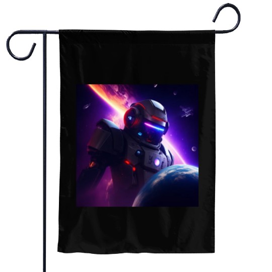 Evil Robot Attacking a Planet Garden Flags