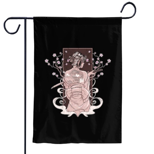 Vintage Japanese Katana Wo Kimono Cherry Blossoms Garden Flags