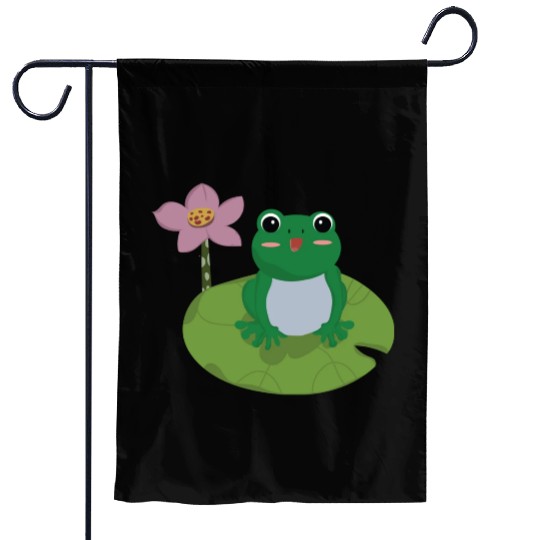 Green Frog on Lotus Leaf vector. Garden Flags