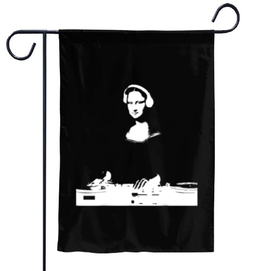 Dj Mona Lisa with Dj Headphone behind a dj table Garden Flags