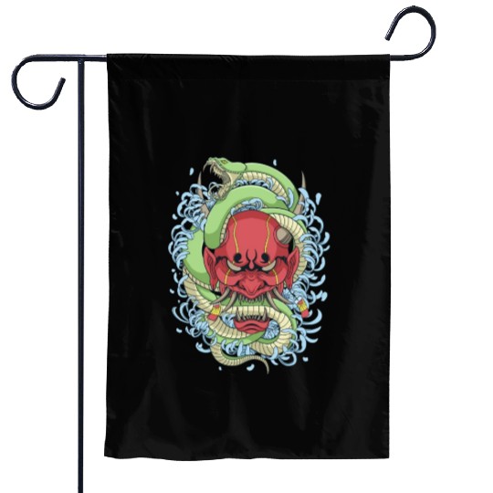 Japanese oni mask with peony flower and greem snak Garden Flags