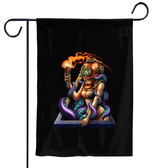 Vintage Scuba Diver Girl and Octopus Garden Flags