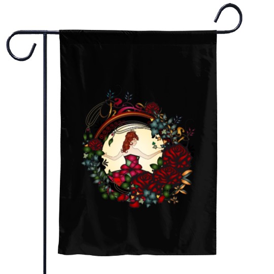 Art Nouveau princess in the rose garden Garden Flags