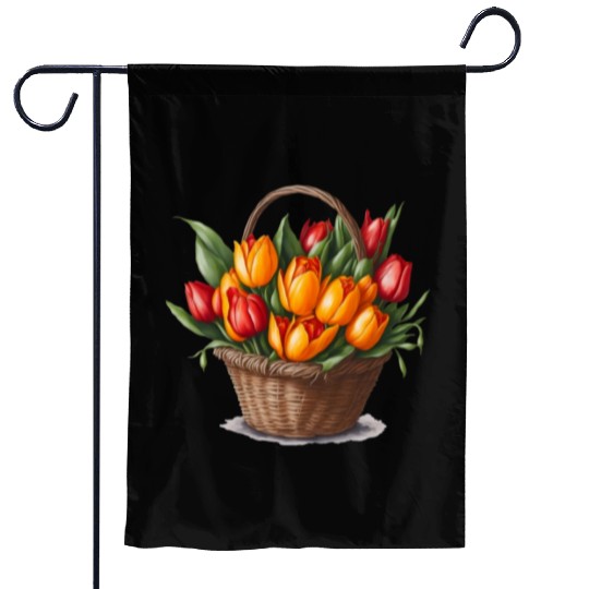 A bouquet of tulips in a basket. Garden Flags