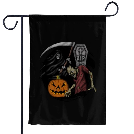Scary pumpkin zombie Halloween grim reaper Garden Flags